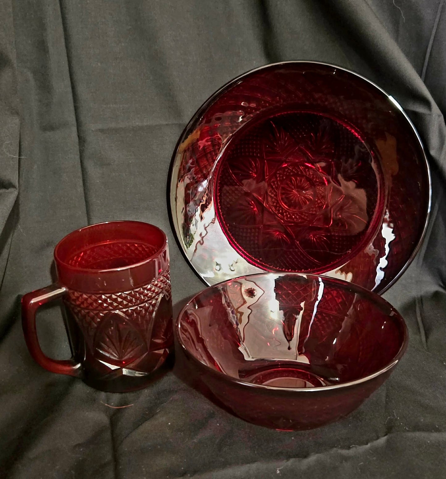 Diamond / Cathedral Pattern Ruby Crystal Glass Dishes