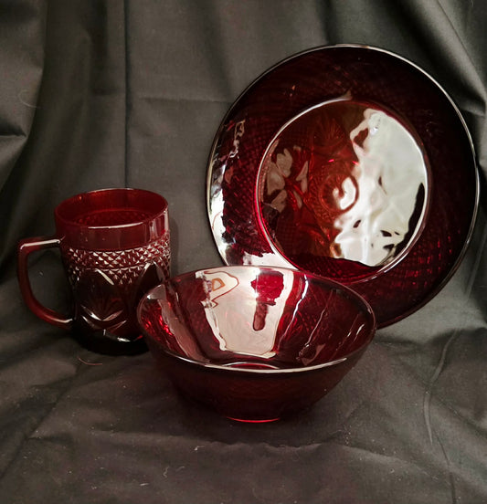 Diamond / Cathedral Pattern Ruby Crystal Glass Dishes